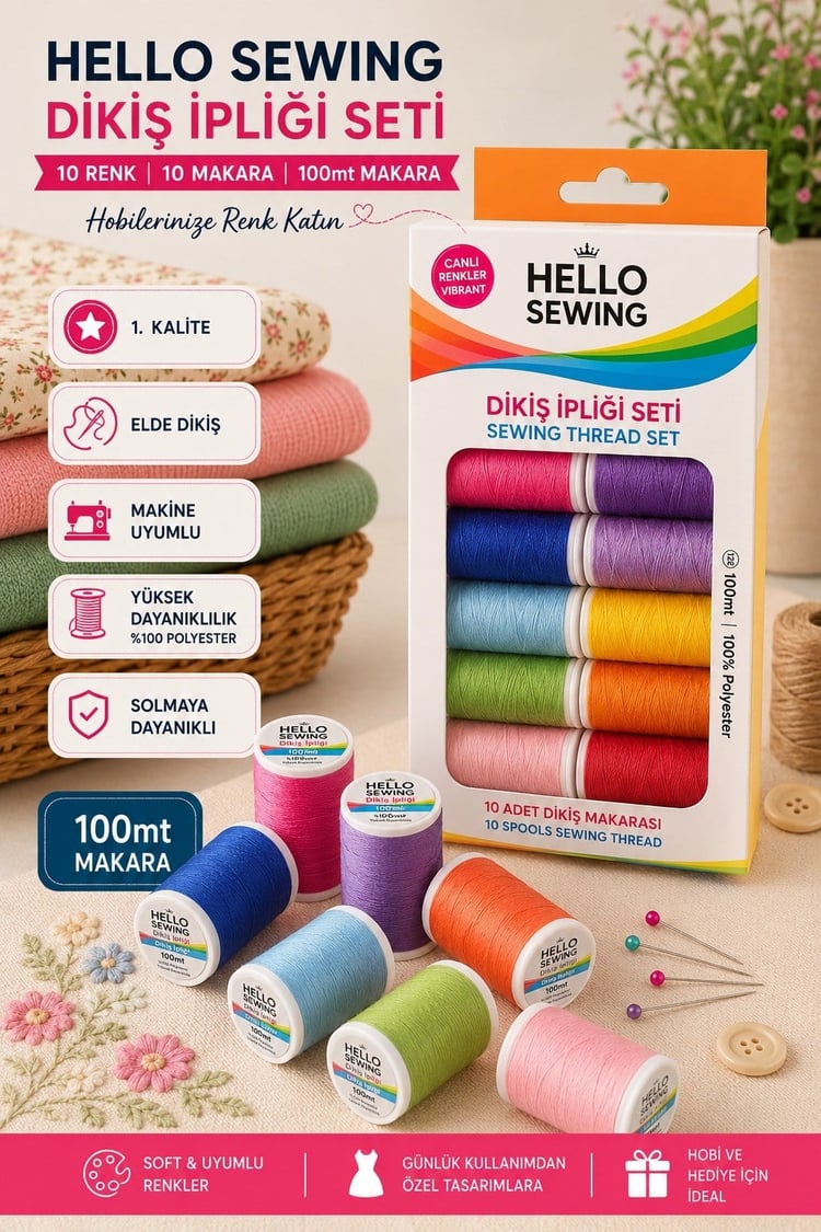 Hello Dikiş İpliği Seti - Birinci kalite Canlı Renkler 10'lu İplik Seti