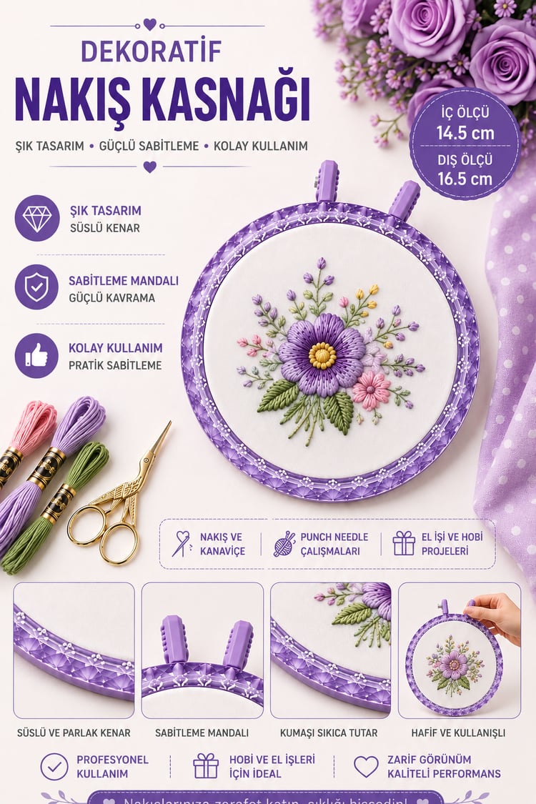 Mandallı Mor Dekoratif Nakış Kasnağı, Kristal Görünüm - 14.5 cm