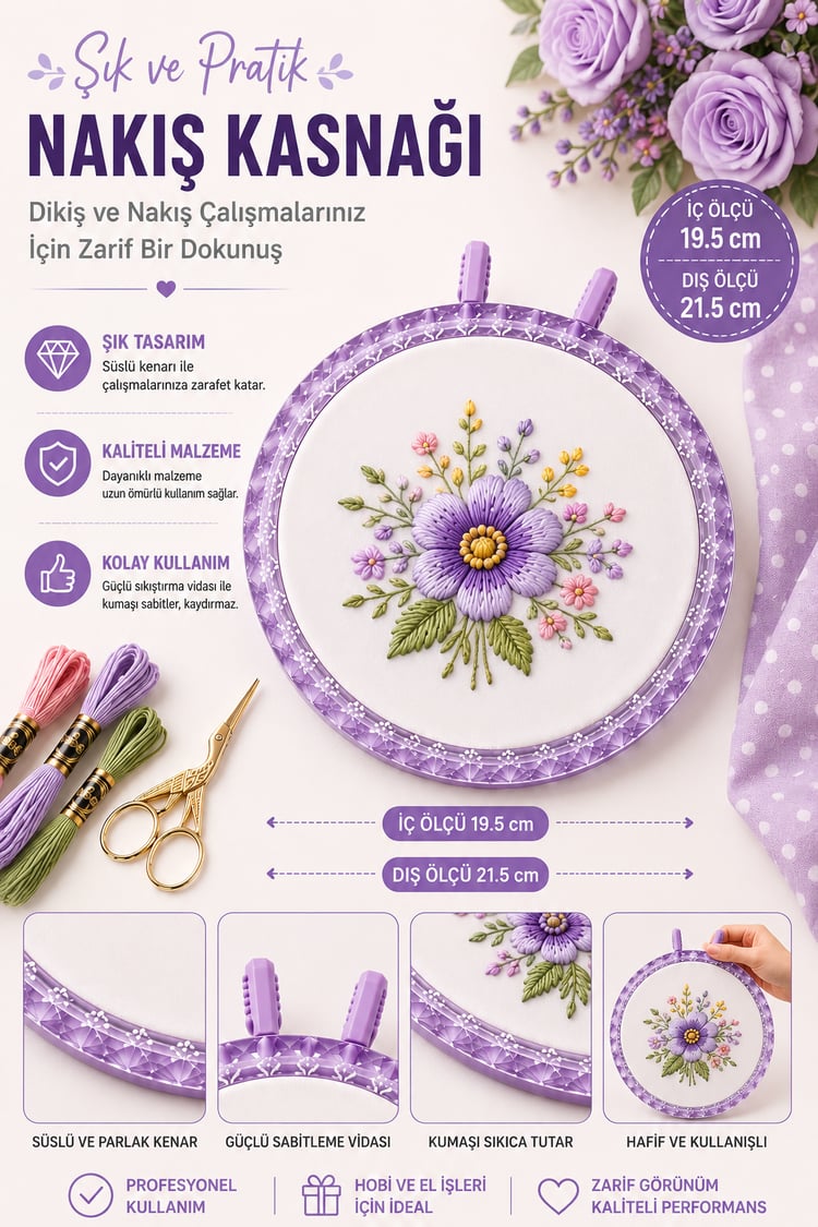 Mandallı Mor Dekoratif Nakış Kasnağı, Kristal Görünüm - 19.5 cm
