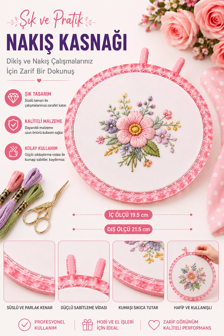 Pembe Dekoratif Nakış Kasnağı - Kristal Görünüm