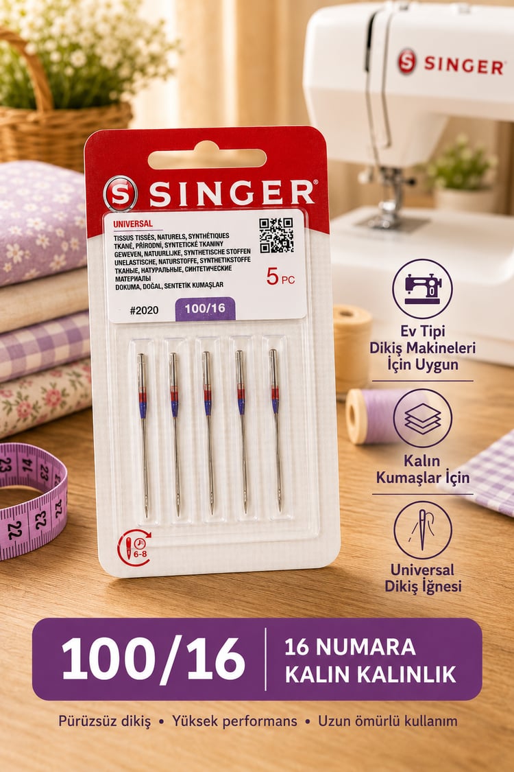 Singer 100/16 Makine İğnesi, Ev Tipi Makine İğnesi, 2020 Singer Dikiş İğnesi 16 Numara