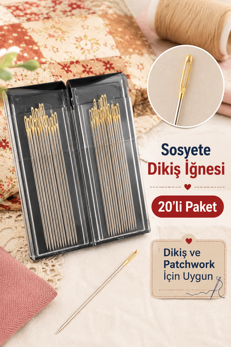 Sosyete Dikiş İğnesi Altın Başlı, İri Delikli İğne 20 Adet