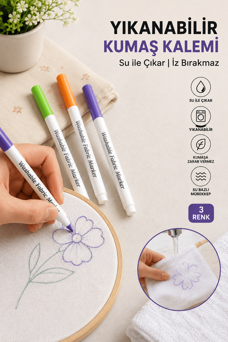 Su İle Uçan Kumaş Kalemi 3 Renk Bir Arada - Renkli Dikiş, Nakış ve Terzi Kalemi