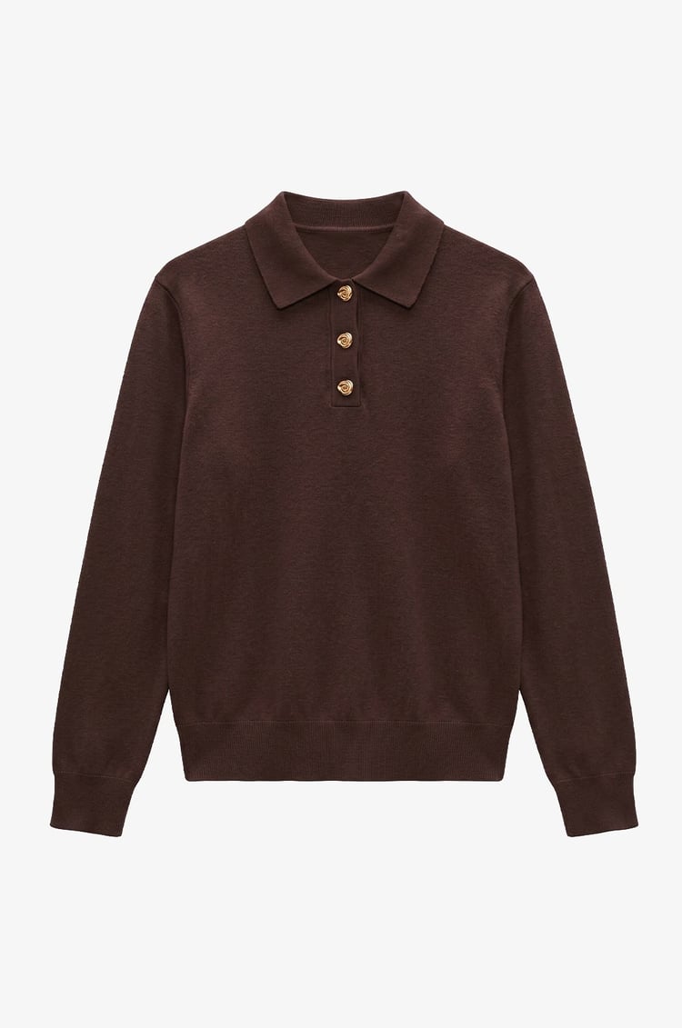 Acı Kahve Button Polo Yaka Kazak