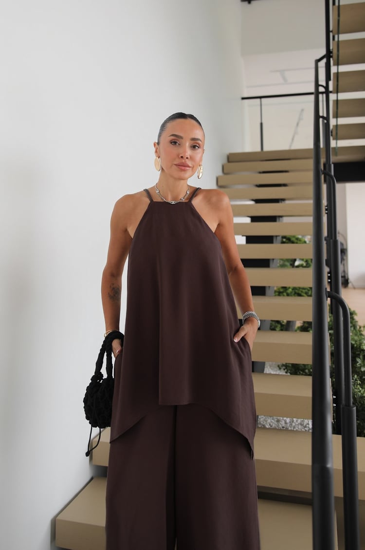 Acı Kahve Deri Askılı Şal Detaylı Tulum