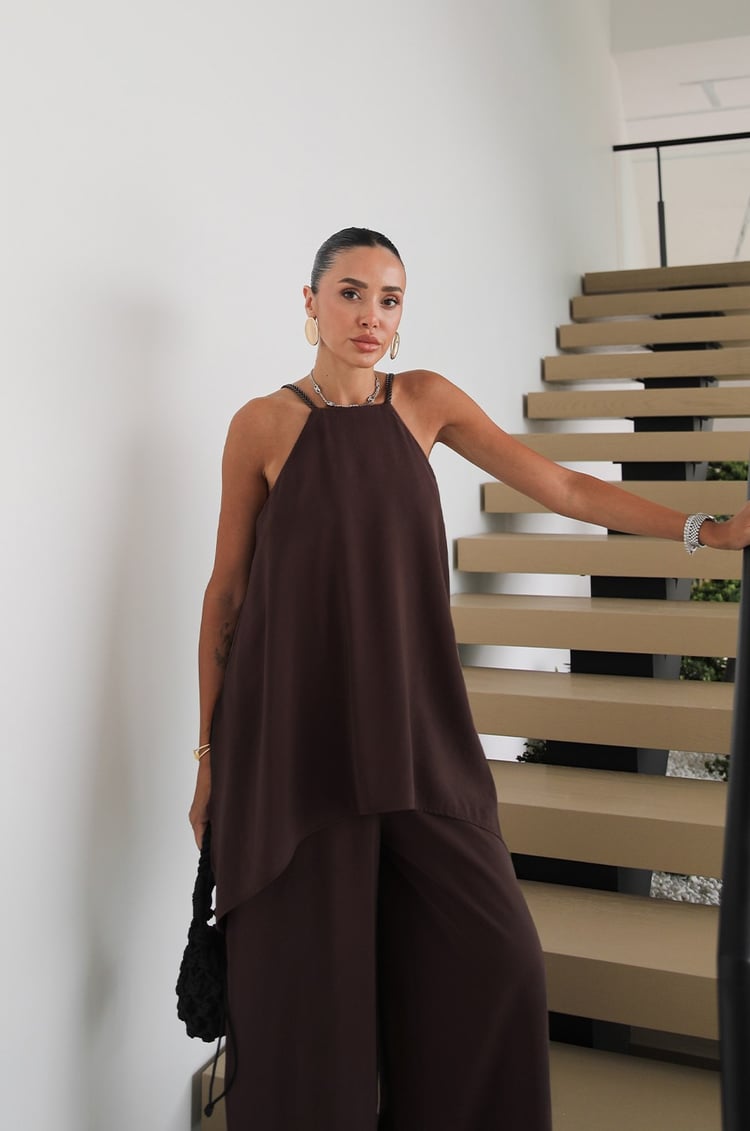 Acı Kahve Deri Askılı Şal Detaylı Tulum