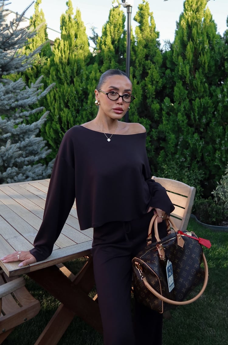 Acı Kahve Düşük Omuz Oversize Bluz Pantolon Takım 