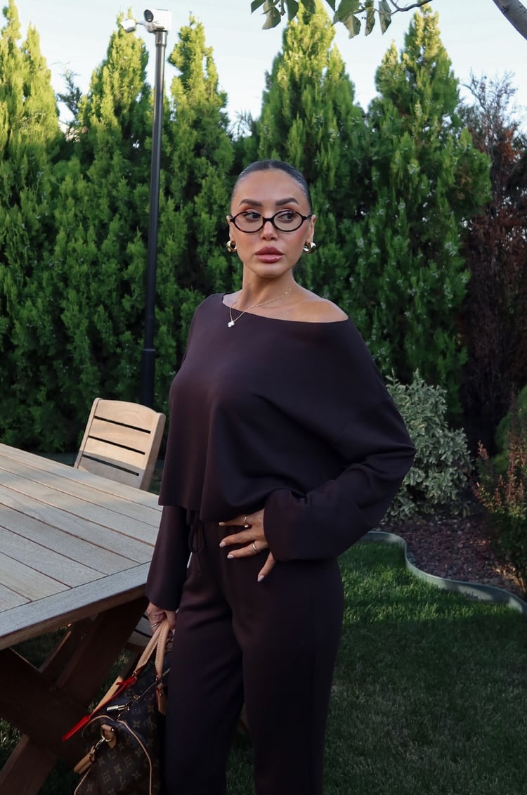 Acı Kahve Düşük Omuz Oversize Bluz Pantolon Takım 