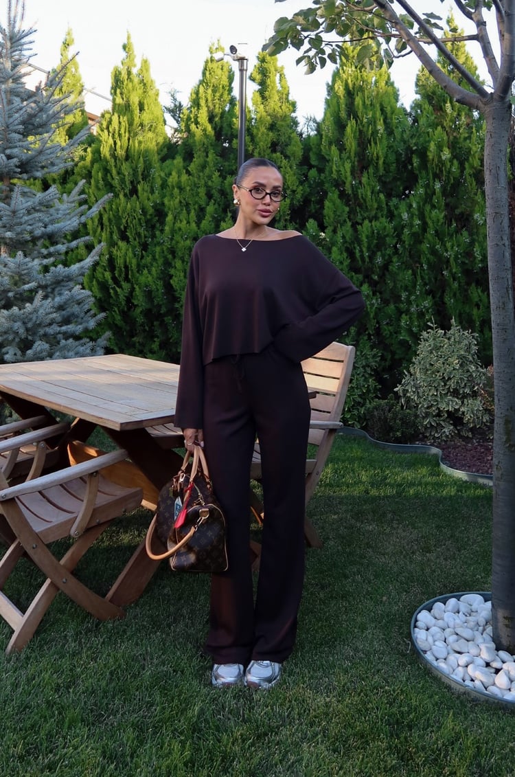 Acı Kahve Düşük Omuz Oversize Bluz Pantolon Takım 