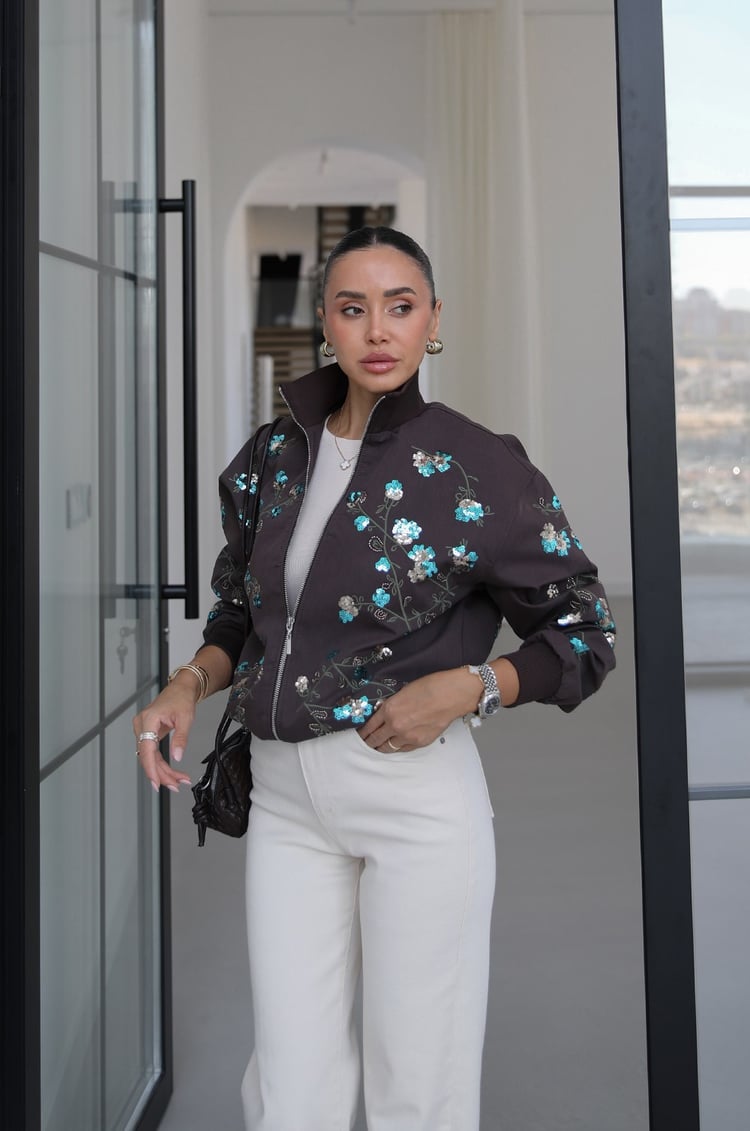 Acı Kahve Frida Payet Nakışlı Bomber Ceket