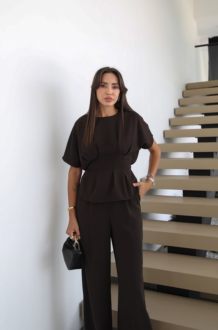 Acı Kahve İp Kemerli Pileli Bluz Pantolon Takım