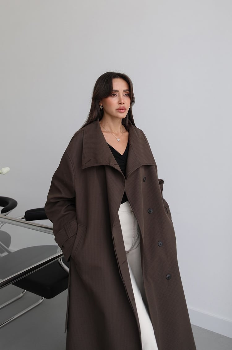 Acı Kahve Kareli Oversize Trençkot