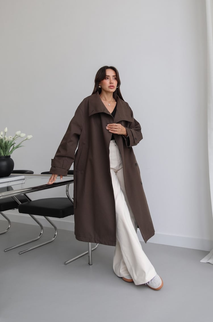 Acı Kahve Kareli Oversize Trençkot