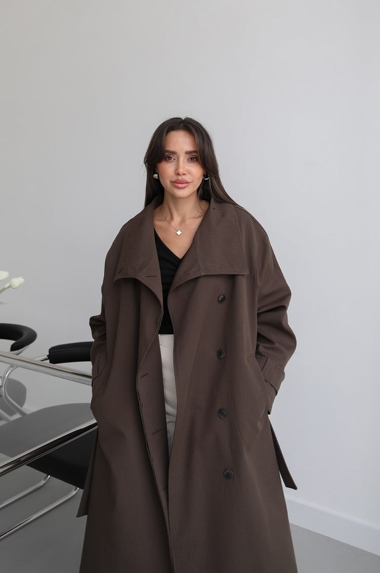 Acı Kahve Kareli Oversize Trençkot