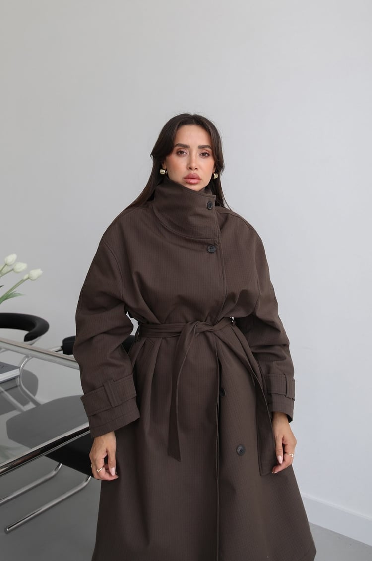 Acı Kahve Kareli Oversize Trençkot