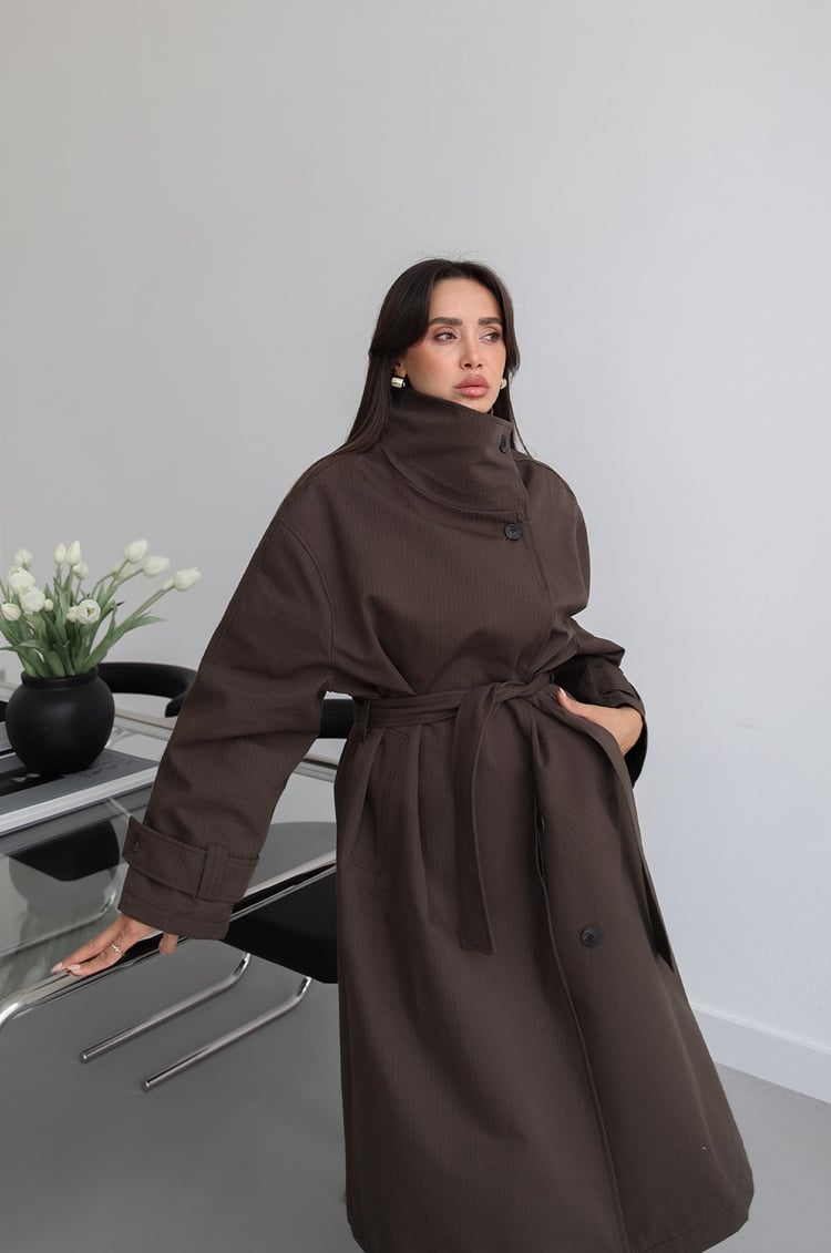Acı Kahve Kareli Oversize Trençkot