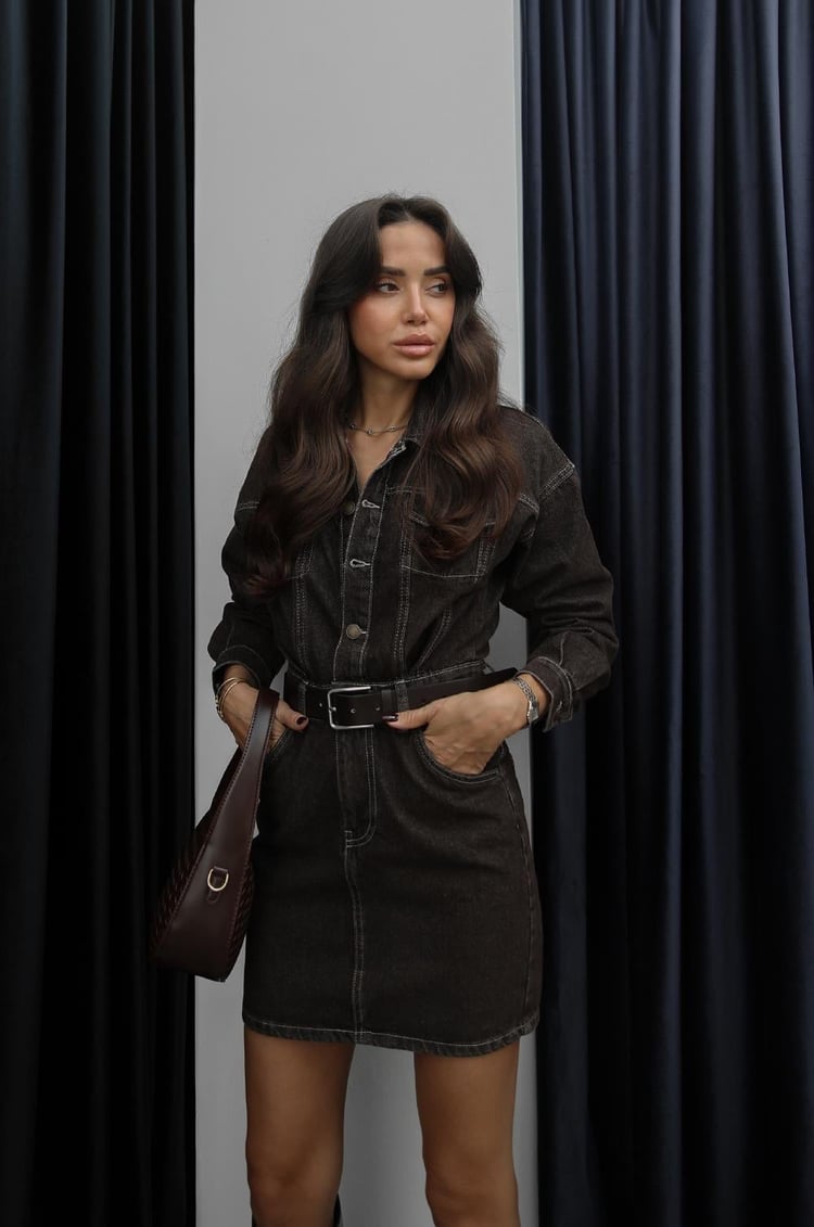 Acı Kahve Kısa Denim Elbise