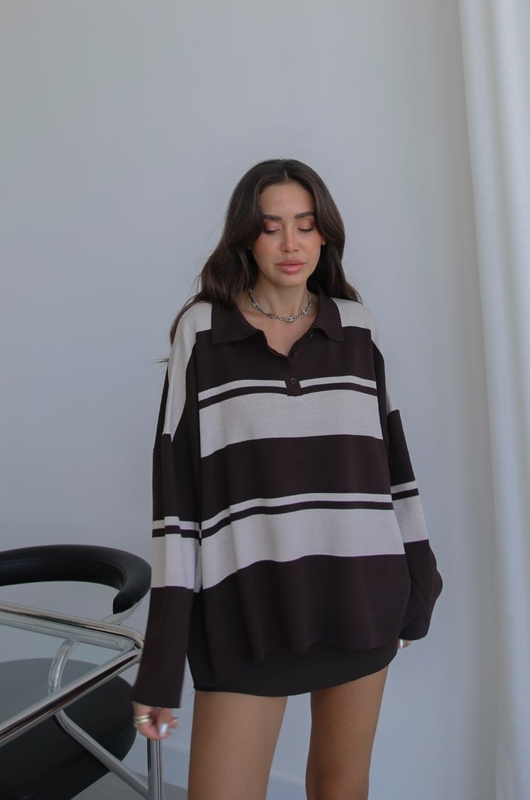 Acı Kahve Kiva Çizgili Oversize Kazak