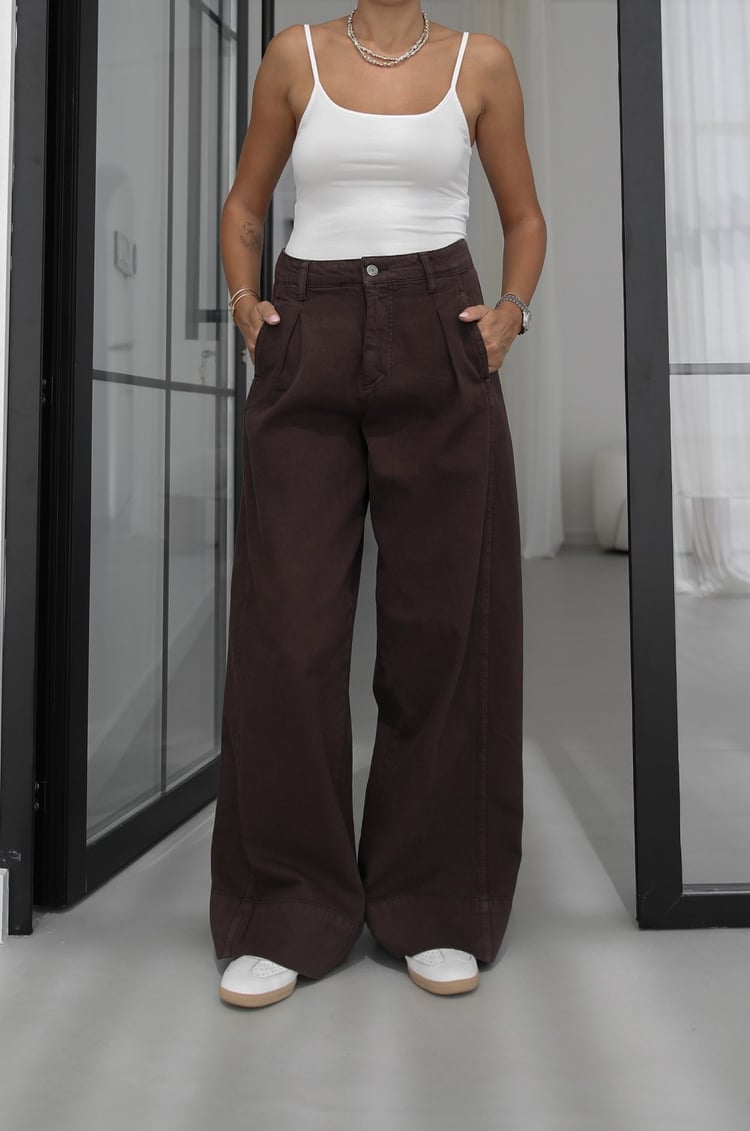 Acı Kahve Önü Tek Pileli Wide Leg Jean