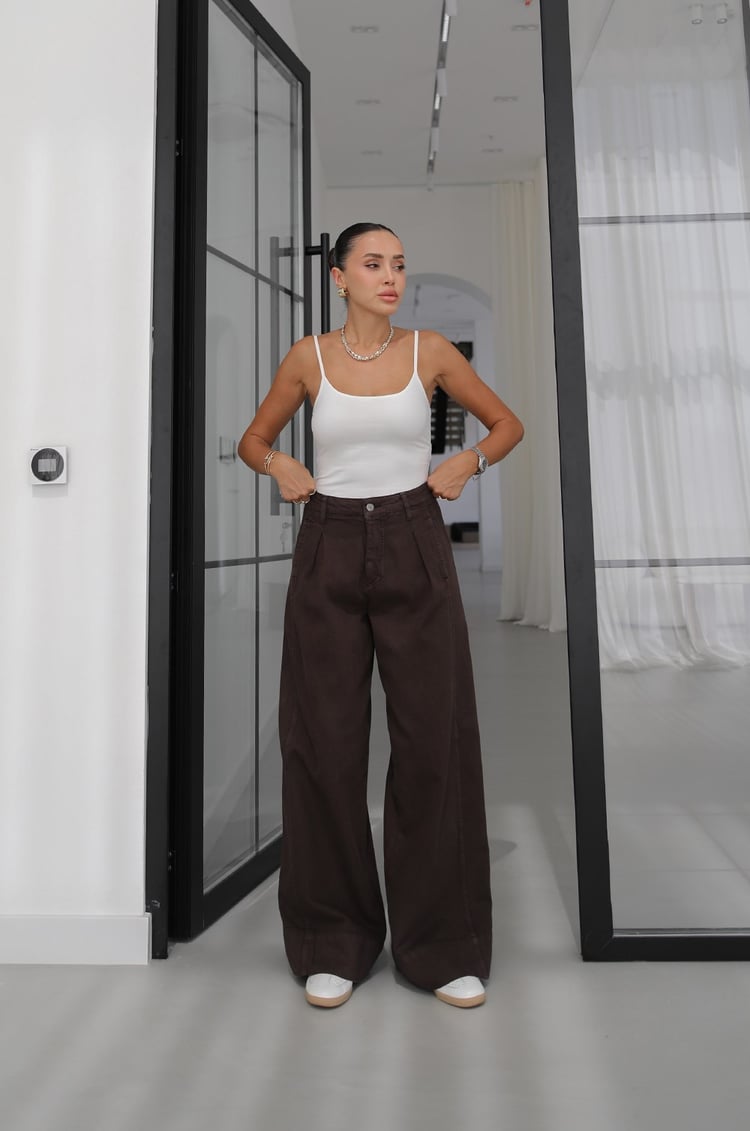 Acı Kahve Önü Tek Pileli Wide Leg Jean