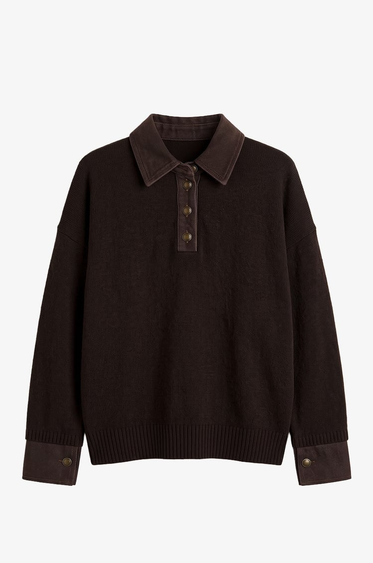 Acı Kahve Yakası Kolları Denim Detaylı Kazak