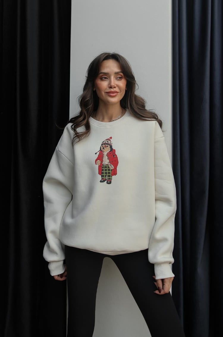 Açık Bej Pijamalı Teddy Baskılı Sweatshirt