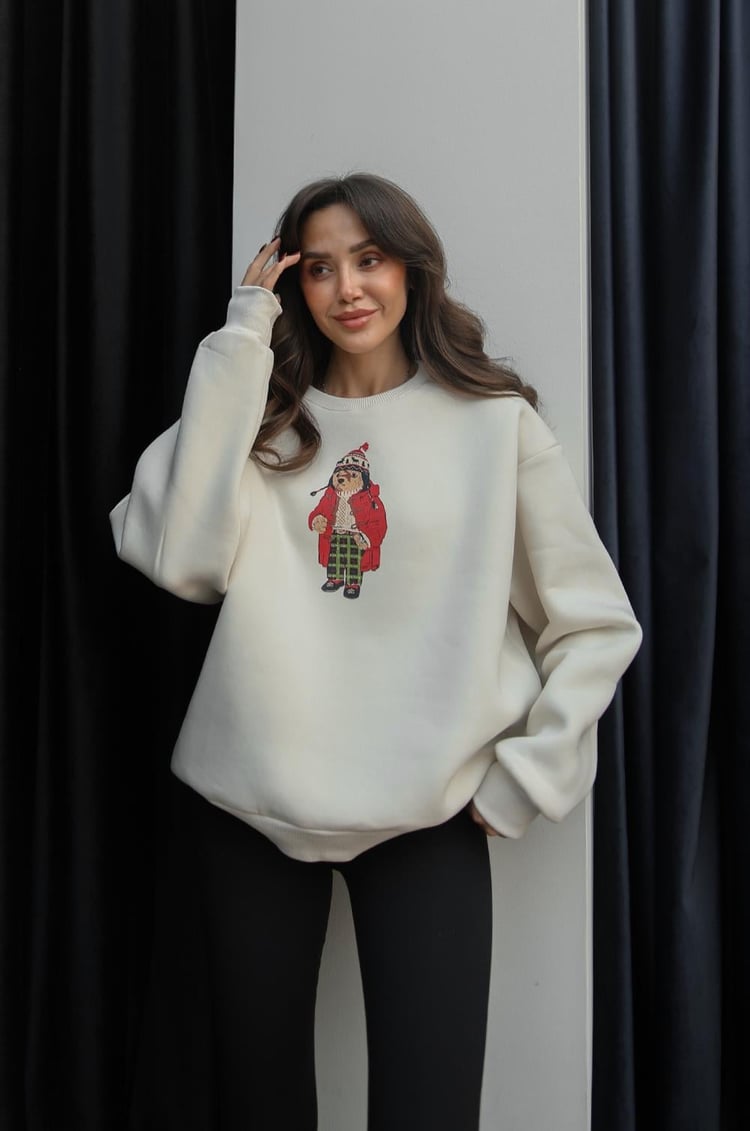 Açık Bej Pijamalı Teddy Baskılı Sweatshirt