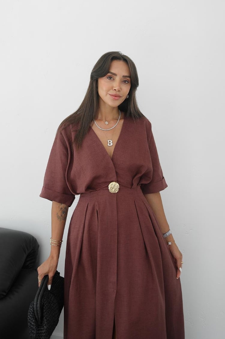 Açık Bordo Gold Aksesuarlı Ham Keten Elbise