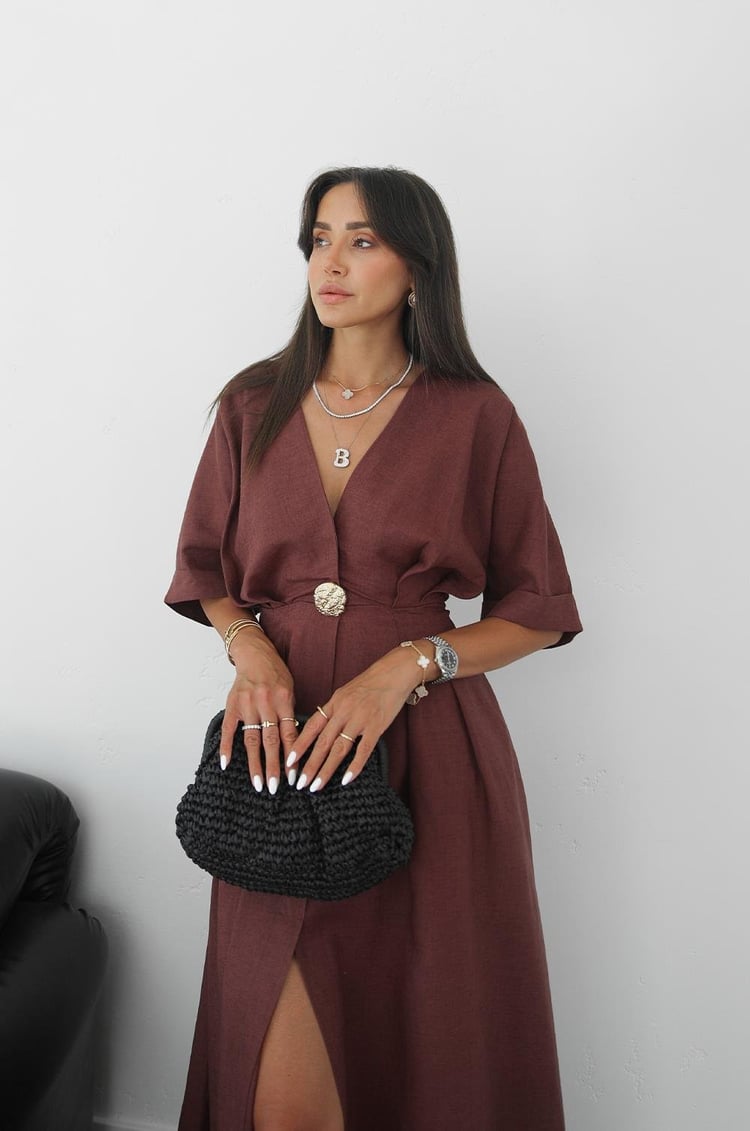 Açık Bordo Gold Aksesuarlı Ham Keten Elbise