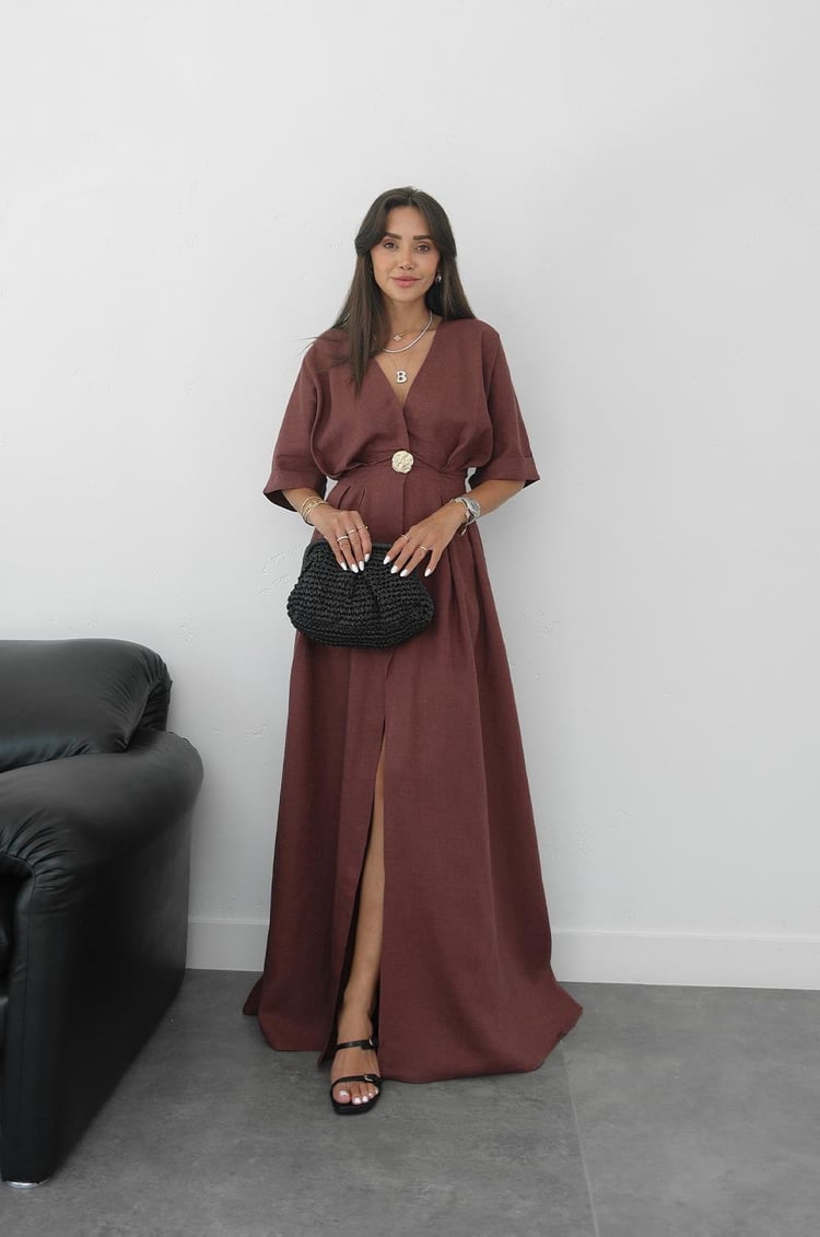 Açık Bordo Gold Aksesuarlı Ham Keten Elbise