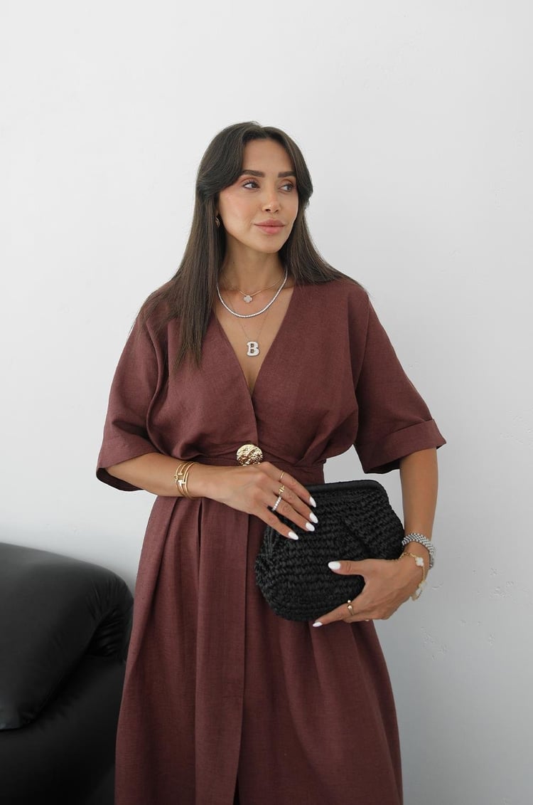 Açık Bordo Gold Aksesuarlı Ham Keten Elbise