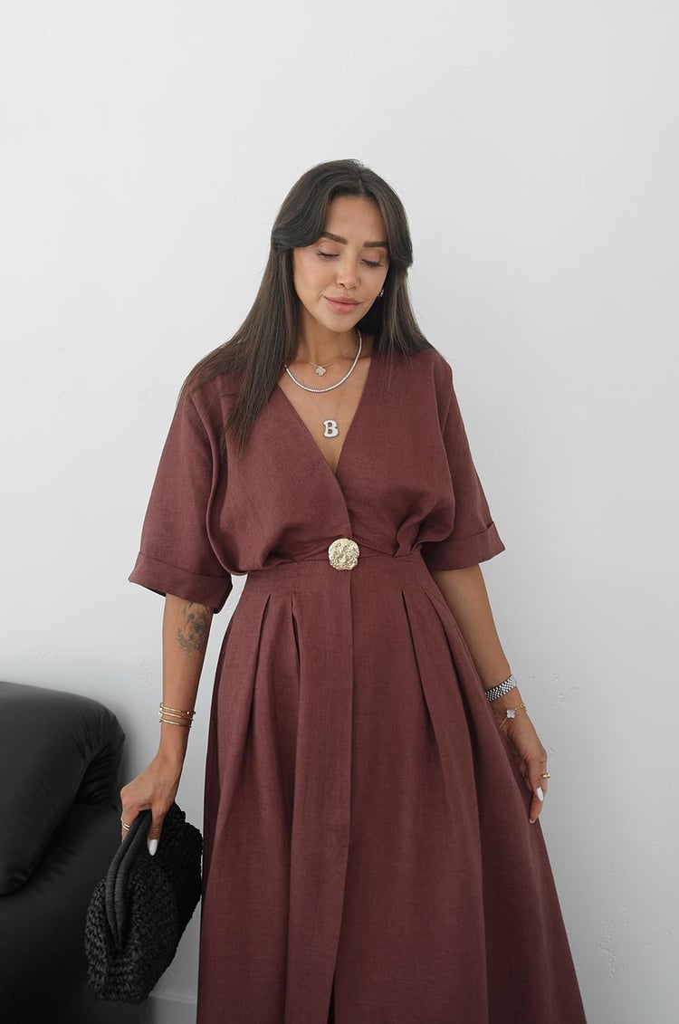 Açık Bordo Gold Aksesuarlı Ham Keten Elbise