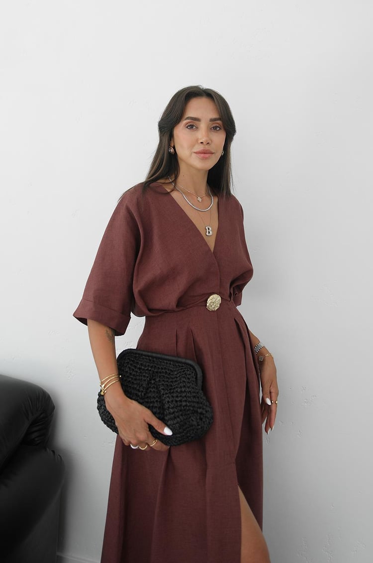 Açık Bordo Gold Aksesuarlı Ham Keten Elbise