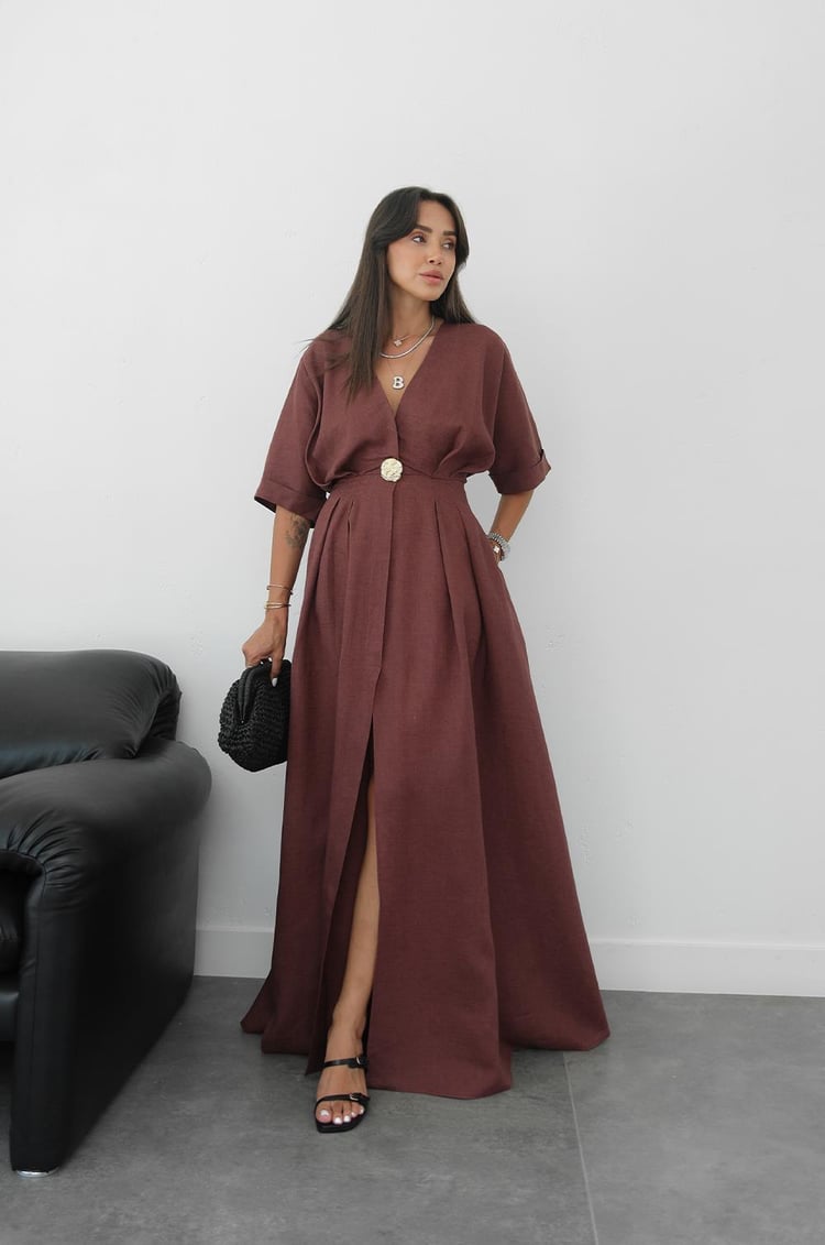 Açık Bordo Gold Aksesuarlı Ham Keten Elbise