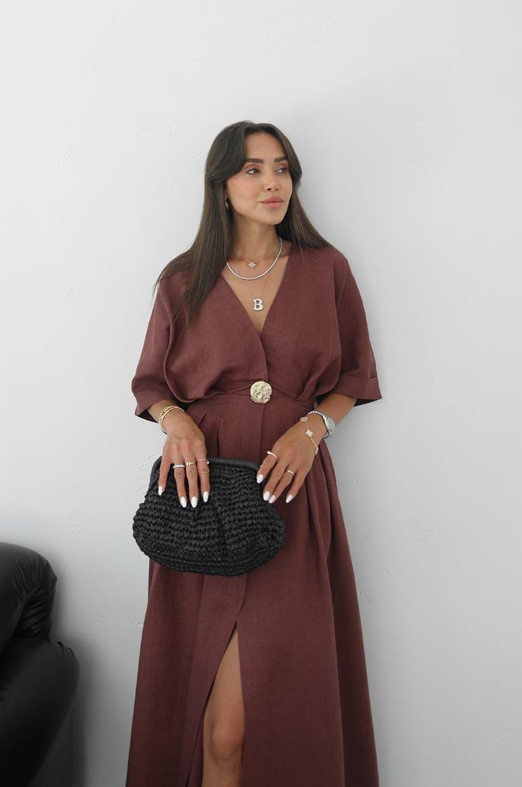 Açık Bordo Gold Aksesuarlı Ham Keten Elbise