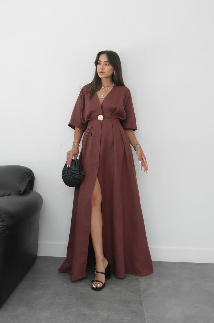 Açık Bordo Gold Aksesuarlı Ham Keten Elbise