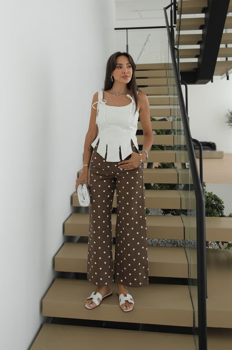 Açık Kahve Puantiyeli Wide Leg Jean