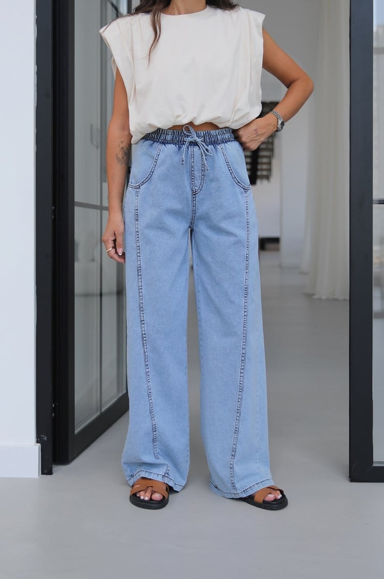 Açık Mavi Beli Lastikli İpli Yumuşak Jean