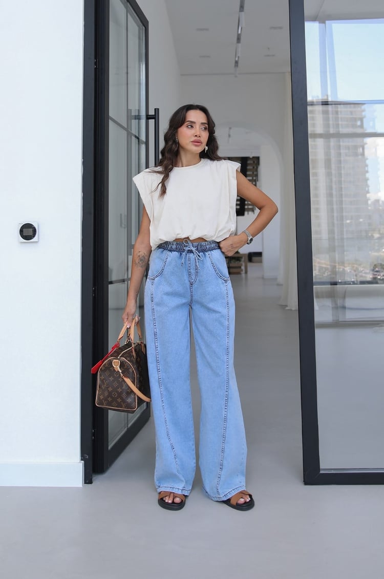 Açık Mavi Beli Lastikli İpli Yumuşak Jean