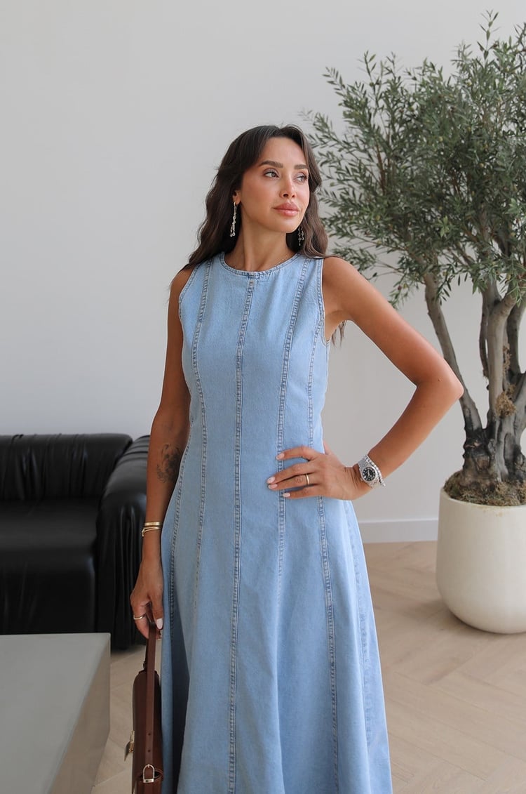 Açık Mavi Dikiş Detaylı Uzun Denim Elbise
