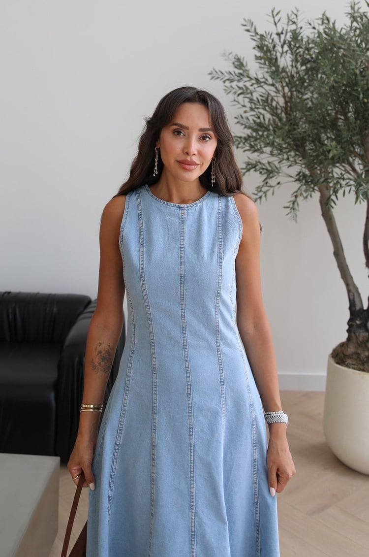 Açık Mavi Dikiş Detaylı Uzun Denim Elbise