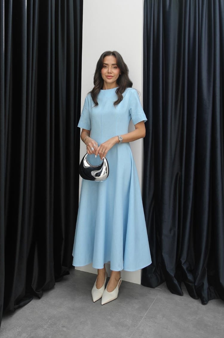 Açık Mavi Keten Maxi Boy Elbise