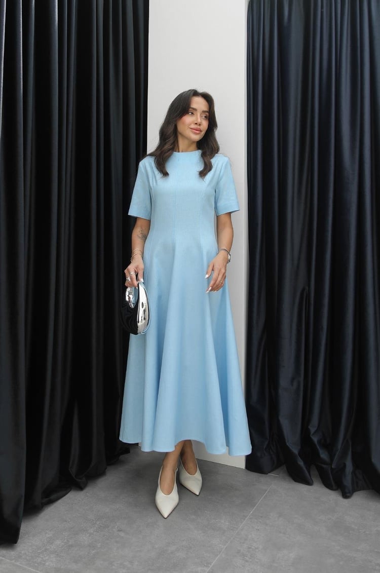 Açık Mavi Keten Maxi Boy Elbise