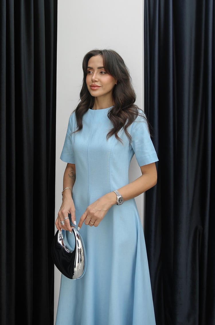 Açık Mavi Keten Maxi Boy Elbise
