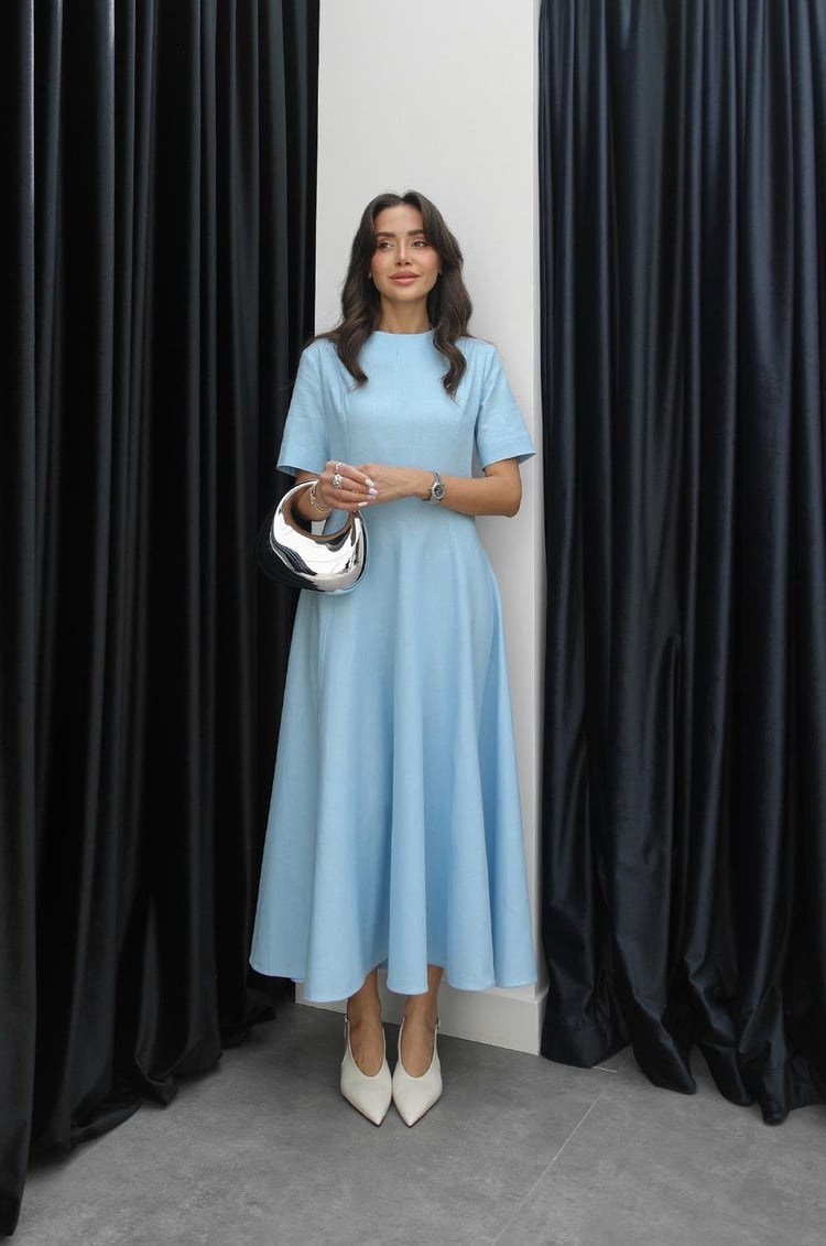 Açık Mavi Keten Maxi Boy Elbise