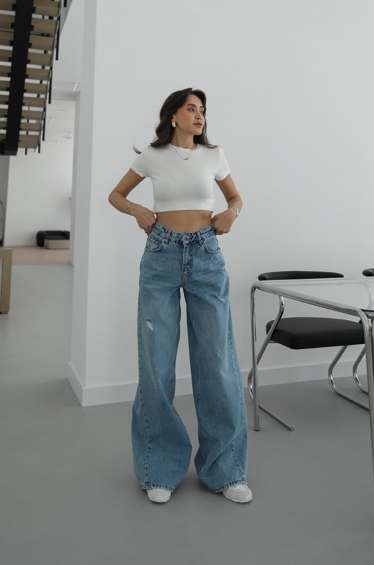 Açık Mavi Puddle Effect Geniş Paça Jean