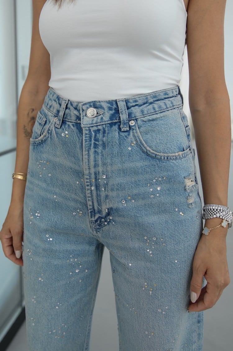 Açık Mavi Taşlı Yırtık Detaylı Denim Takım