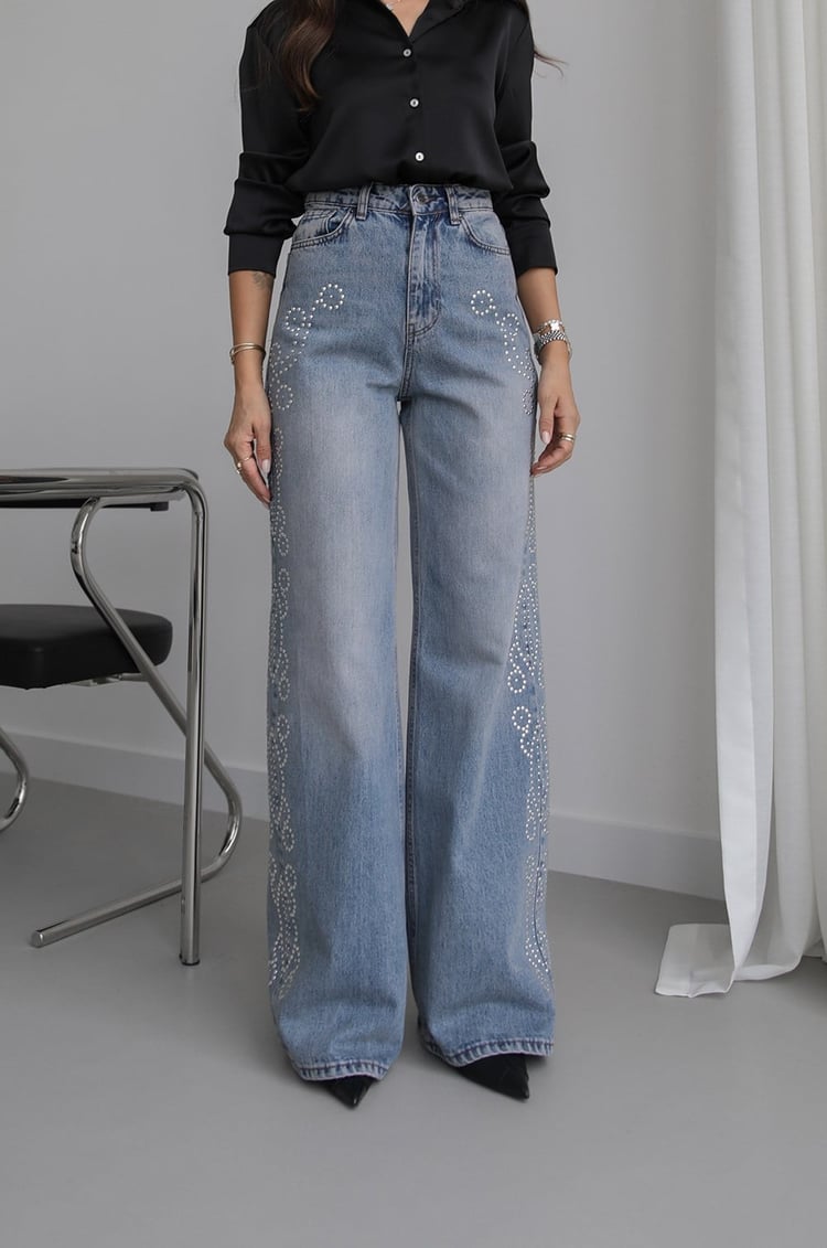 Açık Mavi Yanları Droplu Wide Leg Jean