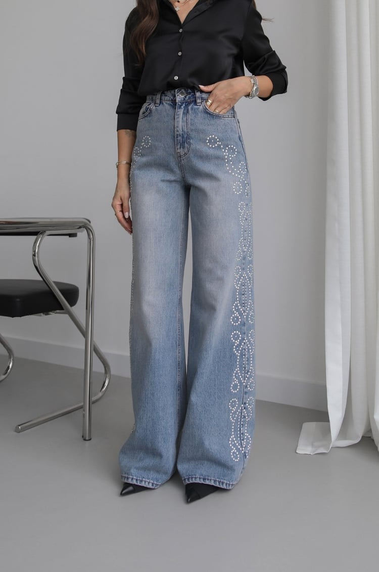 Açık Mavi Yanları Droplu Wide Leg Jean