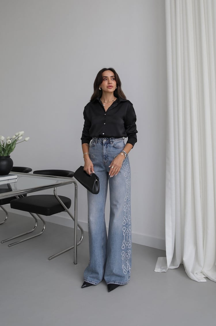 Açık Mavi Yanları Droplu Wide Leg Jean